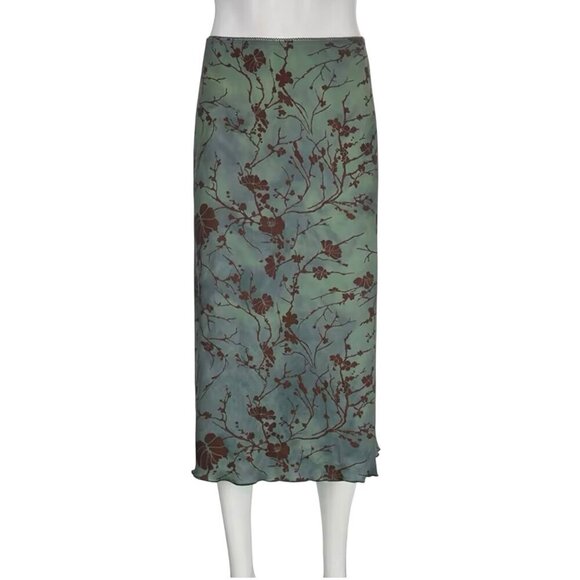 NEW Midi Skirt Sz.M Green Floral Stretch Pull-On Style Fairy Grunge Y2K 90s Boho - Picture 2 of 11